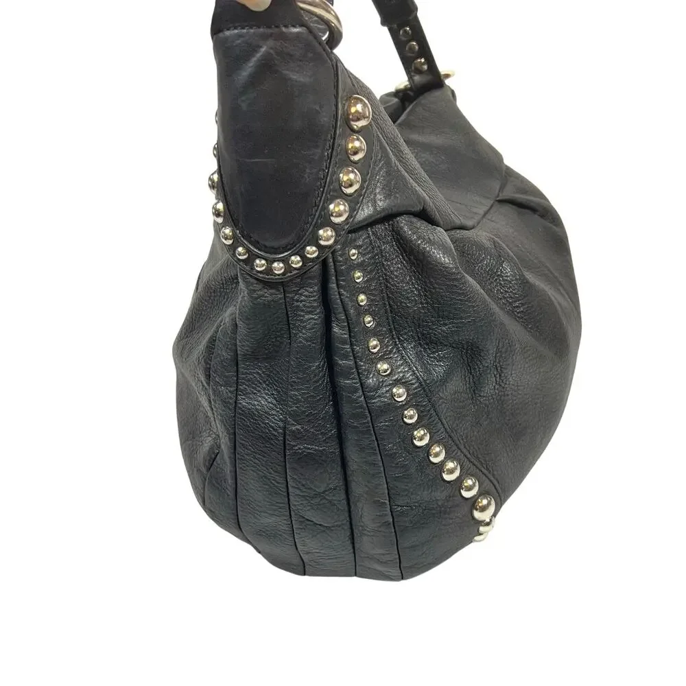 B. Makowsky Hobo Bag Purse Black Pebbled Leather Silver Studded Leopard Lining - Picture 2 of 11